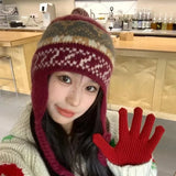 DAIIIBABYYY  -  Niche Retro Jacquard Wool Blended Knitted Beanies for Women Autumn and Winter Travel Warm Fashion Versatile Ear Protection Hat