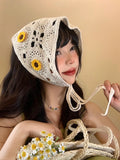 Daiiibabyyy Idyllic Flower Headscarf Women Summer Seaside Knitted Hollow Crochet Triangular Towel French Retro Bag Head Headband Trendy