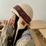 Daiiibabyyy  Japanese Ethnic Style Jacquard Knitted Ear Protection Beanie Cap for Men and Women Winter Warm Versatile Lace-up Bomber Hats