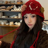 Daiiibabyyy  Cute Tassels Crochet Knitted Hat Hollow Out Handmade Knit Cap Korean Bohemian Style Weave Cap Travel