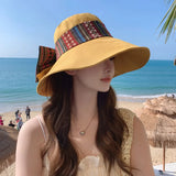 DAIIIBABYYY  -  National Style Spring and Autumn New Hat Women's Travel Folding Fisherman's Hat Sun Protection Sunshade Hat Large Brim Sun Hat
