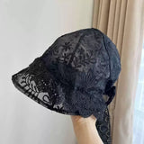Daiiibabyyy  Korean French Lace Jacquard Strap Sun Hat Spring and Summer Thin Breathable Mesh Vacation Sunshade Pullover Beanie Cap for Women