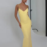 Daiiibabyyy  Women Bodycon V-Neck Slim Long Dress Elegant Solid Color Suspender Holiday Dress All Match Skinny Adjustable Strap Long Dresses