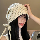 Daiiibabyyy  Floral Beanies Straps Baotou Stacking Hat Female Headscarf Retro Cold Hat Big Head Circumference Skullies Korean Loose Hat