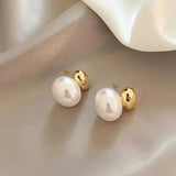 Daiiibabyyy  French Simple Oval Geometric Metal Bean Pearl Stud Earrings Women Temperament Jewelry For Party and Daily Wearing