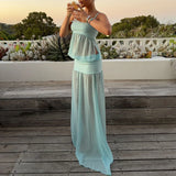 Daiiibabyyy  Women's Sexy Sleeveless Mesh Patchwork Solid Gowns Fashion Hight Waist Vacation Long Dress Elegant Off Shoulder Suspenders Dress
