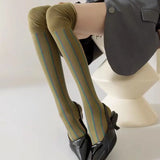 Daiiibabyyy  1pc Loose Mouth Vertical Stripe Stockings Knee-high Stitching Slimming Piled Women's Socks 2025 New Fashion Autumn Winter