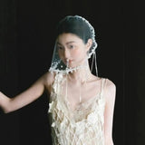 Daiiibabyyy  Vintage Pearls Beads Brides Veil Tassels White Wedding Veils Tulle Short Bride Head Gauze Headdress