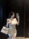 DAIIIBABYYY  -  New Fashion Off Shoulder White Knitted Pencil Dress Women Slash Neck Belted Mini Dress Strapless Sleeveless Slim Bottoming Dress