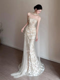 Daiiibabyyy  Elegant Strapless Mermaid Wedding Party Dresses Shiny Sequins Court Training Lace Decal Prom Gown Customized Vestido De Novia