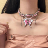 DAIIIBABYYY  -  Sweet Cool Dopamine Gradient Pink Butterfly Leather Chain Wrap Necklace