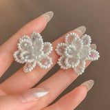 Daiiibabyyy  Zircon Imitation Pearl Flower Earrings New Y2K Sweet High-End Earrings French Camellia Light Luxury Unique Temperament Earrings