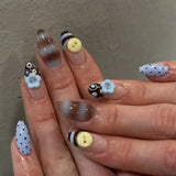 Daiiibabyyy  24Pcs French White Gradient Almond Press on Nails Flower Pattern False Nails with 3D Rhinestone Design Fake Nail Art