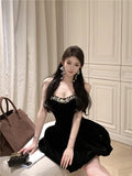 DAIIIBABYYY  -  French Princess Velvet Black Birthday Party Mini Dress Women New Fall Winter Fashion Strapless Diamonds Beads Fluffy Short Dress