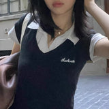 DAIIIBABYYY  -  Preppy Style Patchwork T-shirt Streetwear y2k Fake Two-piece Cropped Top Short Sleeve T-shirt Harajuku Women Summer Basic