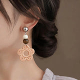 Daiiibabyyy  Bohomian Woven Rattan Hollow Out Flower Drop Earrings for Women Retro Wooden Beads Dangle Earrings Vacation Party Jewelry K