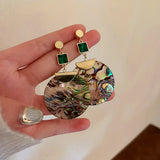 Daiiibabyyy  Green Zircon Shell Drop Earrings for Women Mom Retro Emerald Exaggerated Round Birthday Party Luxury Aesthetics Jewelry Gifts