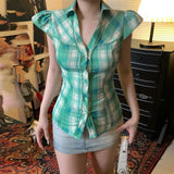 Daiiibabyyy  New American Style Y2k Retro Green Plaid Shirt Women Fly Sleeves Polo Collar Tie Waist Spicy Girl Top