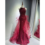 Daiiibabyyy  Halter Neck Slim Fit Long Blue Black Sequin Dress Birthday Party Coming-of-Age Ceremony Host Annual Meeting White Red Gown