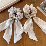 Daiiibabyyy  1PC Chiffon Scrunchies with Bow & Pearl: Watercolor Print Hair Ties for Women, Elegant Hair Accessories for Daily & Party Looks