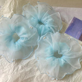 Daiiibabyyy  1PC Elegant Tulle Organza Hair Scrunchie With Faux Pearls For Women Girls Large Ruffle Elastic Hair Tie Fashion Hair Accessories