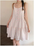 DAIIIBABYYY  -  Sweet Girl Off-shoulder Sleeveless Contrast Plaid Suspender Dress Women's French Loose Slimming Age-reducing Camisole Dresses