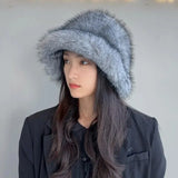 Daiiibabyyy  Winter Faux Fox Fur Bucket Hat Thickened Plus Size Fisherman Hat High Quality Cold-proof Warm Female Ear Protection Women Caps