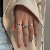 Daiiibabyyy Silver Color Geometry Punk Ring for Women Girl Birthday Gift Korean Irregular Open Black Agate Jewelry Dropshipping