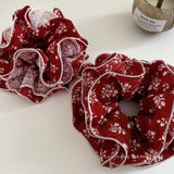 Daiiibabyyy  Women's Nice Scrunchies Sweet Style New Korean Hair Tie Red Floral Lace Large Intestine Loop Hair Bun Bun Hairstyle Accessory