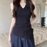 Daiiibabyyy  Sweet Three-dimensional Flower Halter Vest for Women in Summer Design Slim Base Sweet and Spicy Back Top
