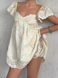 Daiiibabyyy  Summer French Vintage Flower Embroidery Solid V Neck Puff Sleeve Temperament Dresses