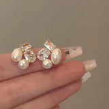Daiiibabyyy  Exquisite Irregular Square Shinny Zircon Pearl Earrings for Women Light Luxury Sweet Stud Earrings Wedding Jewelry Accessories