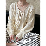 DAIIIBABYYY  -  Braided Lace Up Knitted Sweater Top for Women, Autumn and Winter Hollow Out Lazy Sweet Style Loose Sweater