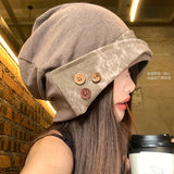 Daiiibabyyy  Japanese Button Design Retro Pullover Stacking Hat Women's Spring and Autumn Versatile Big Head Fashion Skull Beanie Caps