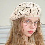 Daiiibabyyy  Hand-knitted Beret Female Japanese Hollow Out Hat Street Women Trendy Hat Literary Retro Fashionable Painter Hat