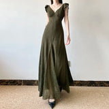 DAIIIBABYYY  -  French Retro Lace Spliced Backless Girl Summer New V-neck Folds Lace Fashion Solid Color Slim All-match Casual Dresses