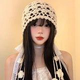 Daiiibabyyy  New Korea Bohemian Hand-woven Hollow Bucket Hats Women's Spring Summer Ins Lace Strap Lolita Hat Fringed Pullover Beanies Panama