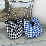 Daiiibabyyy Fashion Women's Canvas Tote Shoulder Large Shopping Bag Plaid Eco Large Capacity Ladies Purse Pouch Girls Student Book Handbags