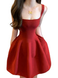 DAIIIBABYYY  -  French Style Hot Girl Red Halter Neck Dress Women's Spring Pure Sexy Slim-fit Square Collar A-line Dress Fashion Female Clothes