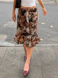 Daiiibabyyy  American Vintage Flower Print Ruffles Gauze Patchwork Low Waist Mid-length Skirts