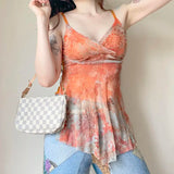 Daiiibabyyy  Tank Tops for Women Summer High-end Designed Temperature Niche Chic French Gentle Style Mesh Printed Irregular Suspender Vest