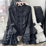 Daiiibabyyy  Long Sleeve Lolita Sweet Kawaii Cosplay Holiday Party Blouse Pink Black White Stand Collar Solid Shirt Lace JK SK Ruffle Tops