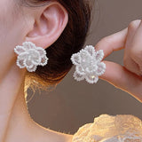 Daiiibabyyy  Zircon Imitation Pearl Flower Earrings New Y2K Sweet High-End Earrings French Camellia Light Luxury Unique Temperament Earrings