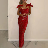 DAIIIBABYYY  -  Bow Suspenders Slim Banquet Dress Women Sexy Hollow Embroidery Solid Color Long Dress 2025 Fashion Backless Zipper A-line Dress