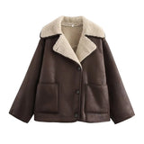 DAIIIBABYYY  -  Women Retro Faux Leather Jacket Solid Lapel Long Sleeve Single Breasted Pockets Padded Warm Outwear Fall Winter Chic Coat