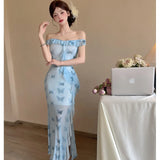 DAIIIBABYYY  -  New Purple Mesh Sequins Print Sling Sexy Dress Women Elegant Casual Ruffled Beach Dress Summer Korean Bodycon Maxi Dresses