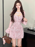 DAIIIBABYYY  -  Spring Autumn Pink Lace Chic Bow Square Collar Sexy Mini Dress Women Long Sleeve Bodycon Ruffled Dress 2025 Korean Fashion Dress