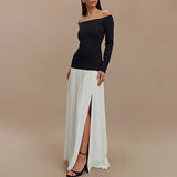 DAIIIBABYYY  -  Elegant Slash Neck Side Split Robe Dresses Spring Long Sleeve Pleated High Waist Dress Lady Sexy Off Shoulder Slim Evening Dress
