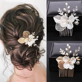 Daiiibabyyy  A bridal wedding headpiece, gold leaf hollow mesh pearl flower small hair comb, hair accessory, dress accessory