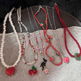 DAIIIBABYYY  -  Korean Fashion Retro Goth Beaded Cherry Pendant Necklace For Women Egirl Aesthetic Grunge Y2k 90s Jewelry Accessories